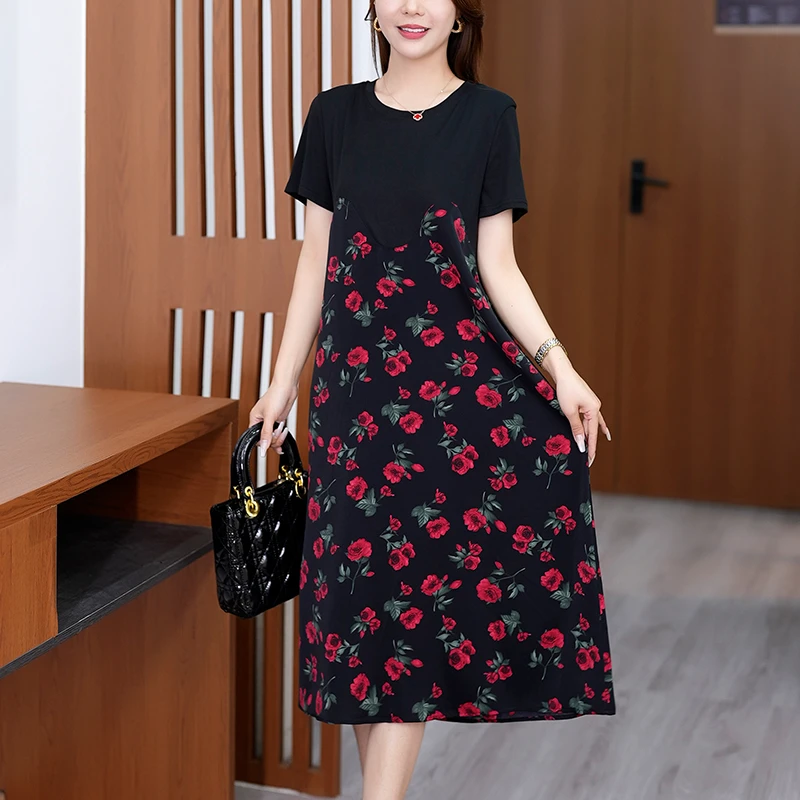 时尚夏季新品宽松百搭遮肉连衣裙女双面提花气质大码减龄中长裙子