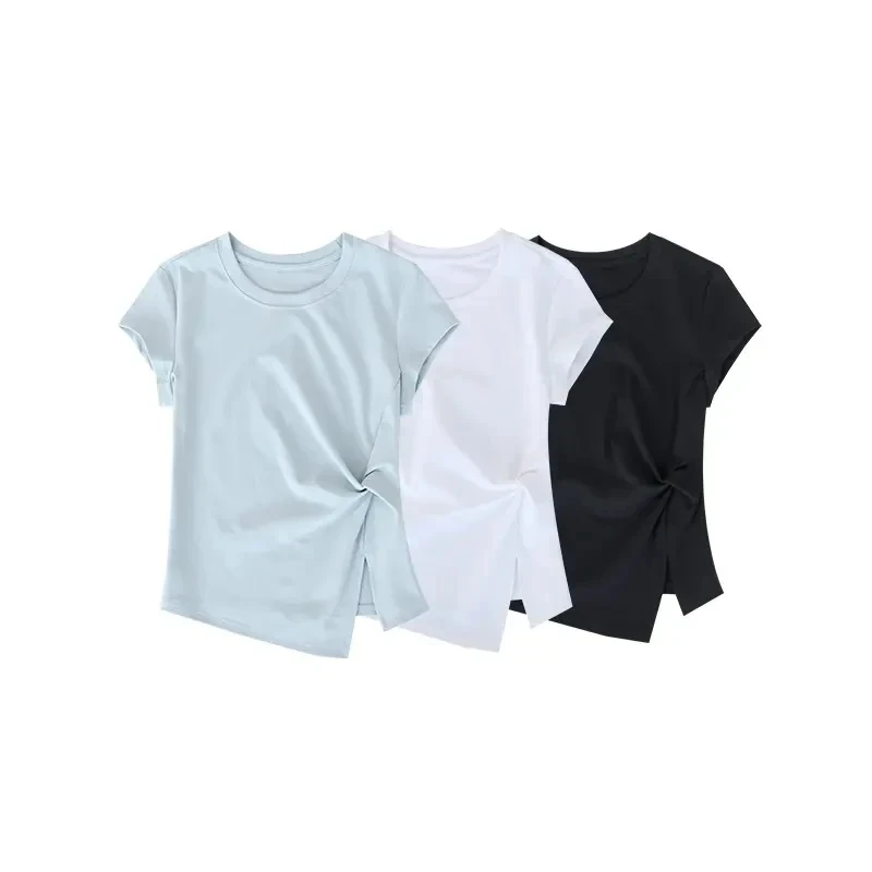不规则纯色圆领短袖t恤女2025夏季新款修身显瘦开叉设计感上衣