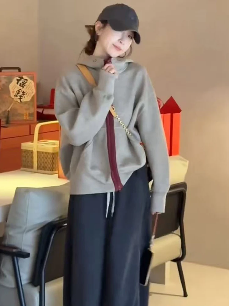 美式连帽撞色卫衣外套女宽松显瘦百搭设计感开衫上衣2025秋季新款