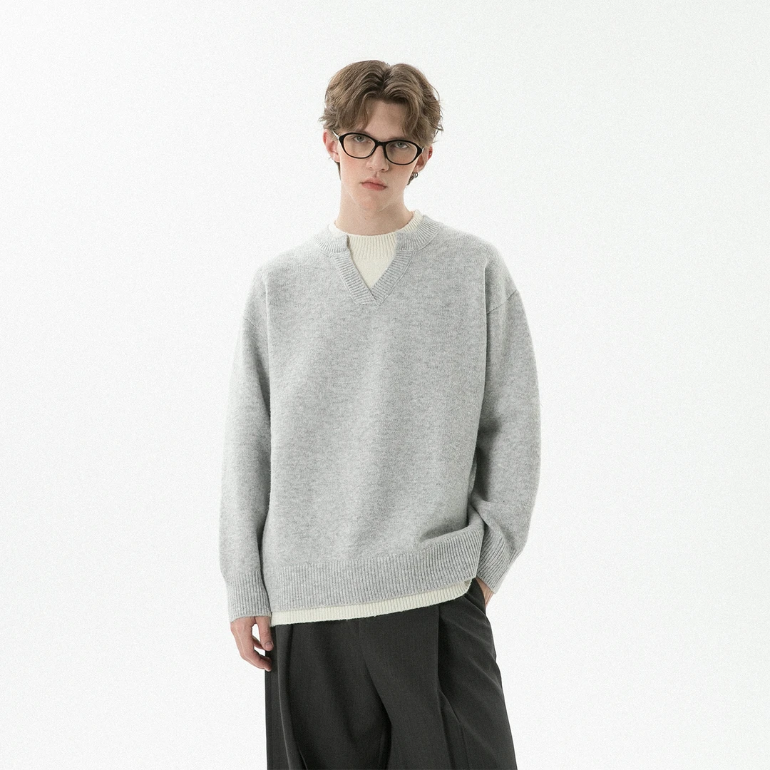 针织冬季针织衫复古落肩男士毛衣纯色长袖秋冬加厚休闲百搭套头衫