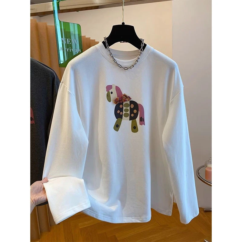 减龄卡通小马印花长袖T恤女春秋新款韩版大码宽松显瘦上衣打底衫