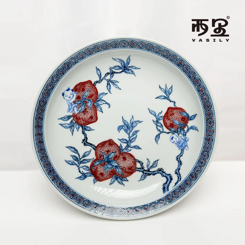 念物山坊·「青花釉里红童子摘桃壶承」纯手工手绘中式茶具