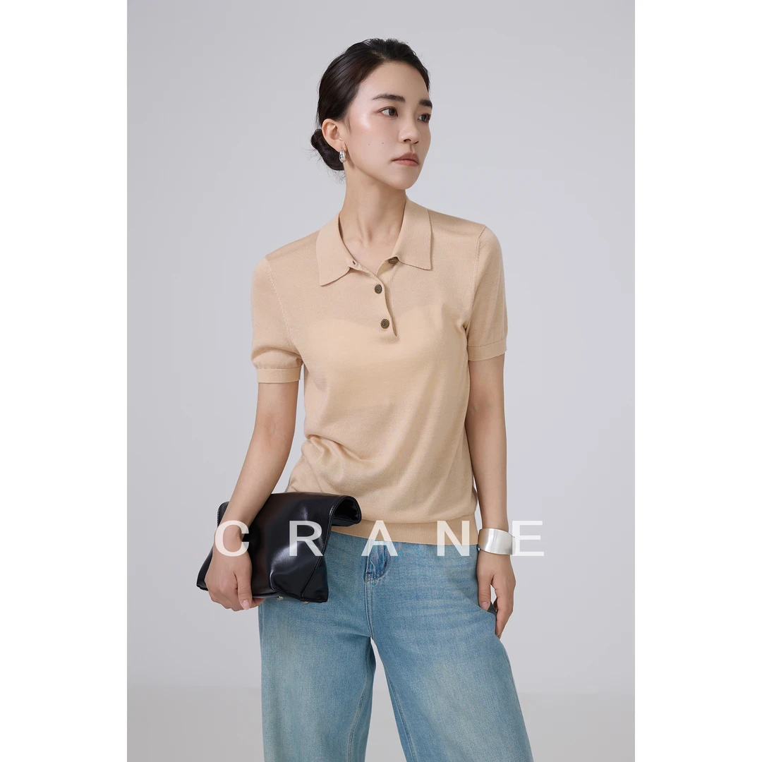 【CRANE】夏装上衣经典减龄宽松显瘦polo领正肩短袖套头针织衫