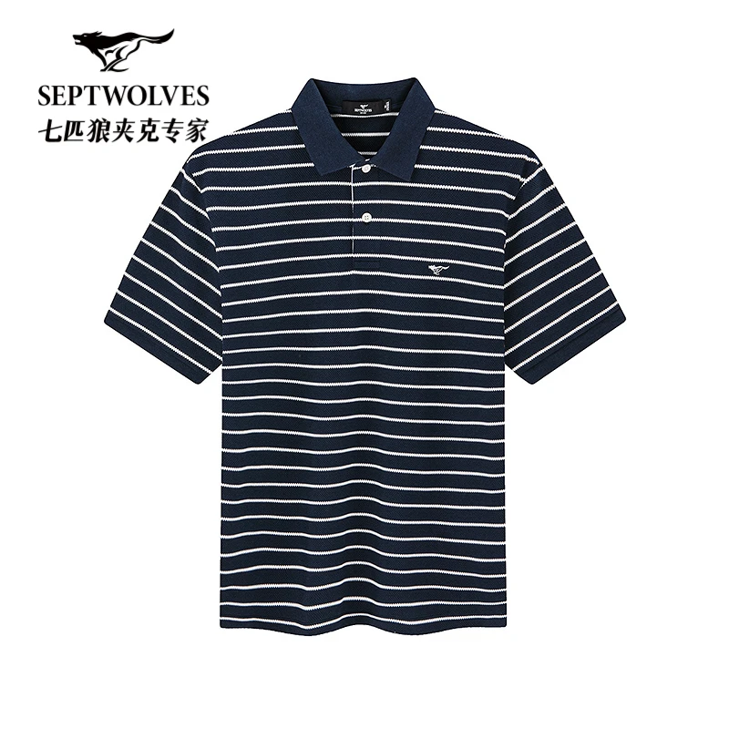 七匹狼男装花纱条纹短袖夏季翻领POLO衫透气时尚百搭修身T恤上衣
