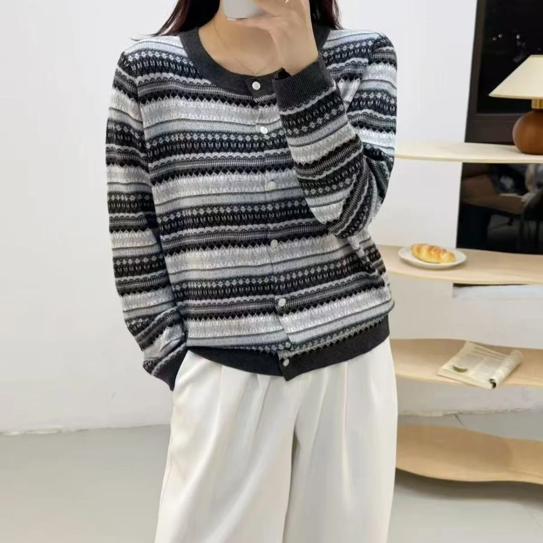 [灰蓝韵格】针织上衣针织衫拼色条纹长款慵懒风高级法式外搭566