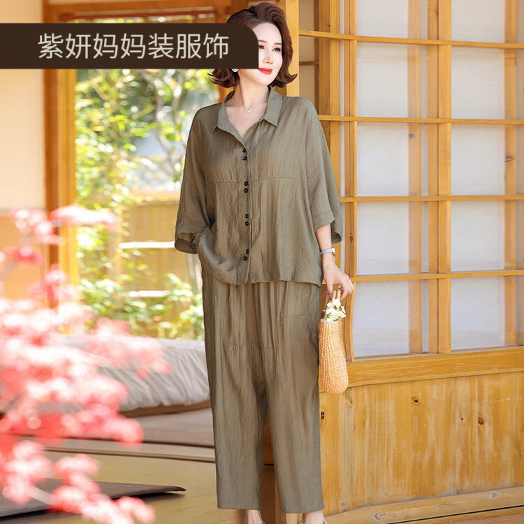 2025年中老年妈妈夏季新款宽松大码套装女士百搭上衣+裤子两件套