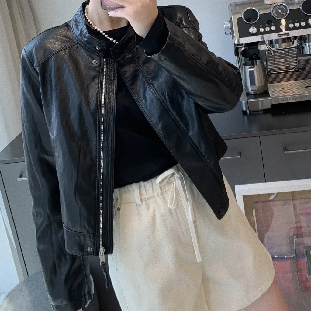 【美琪优选】金属丝柔软 pu短款女士机车夹克外套