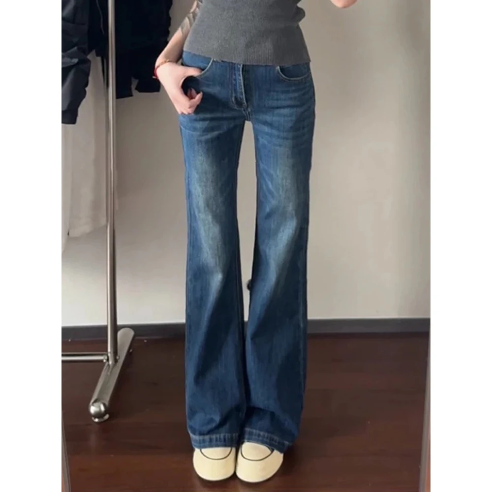 美式复古低腰微喇牛仔裤女秋季新款修身显瘦弹力直筒喇叭马蹄裤子