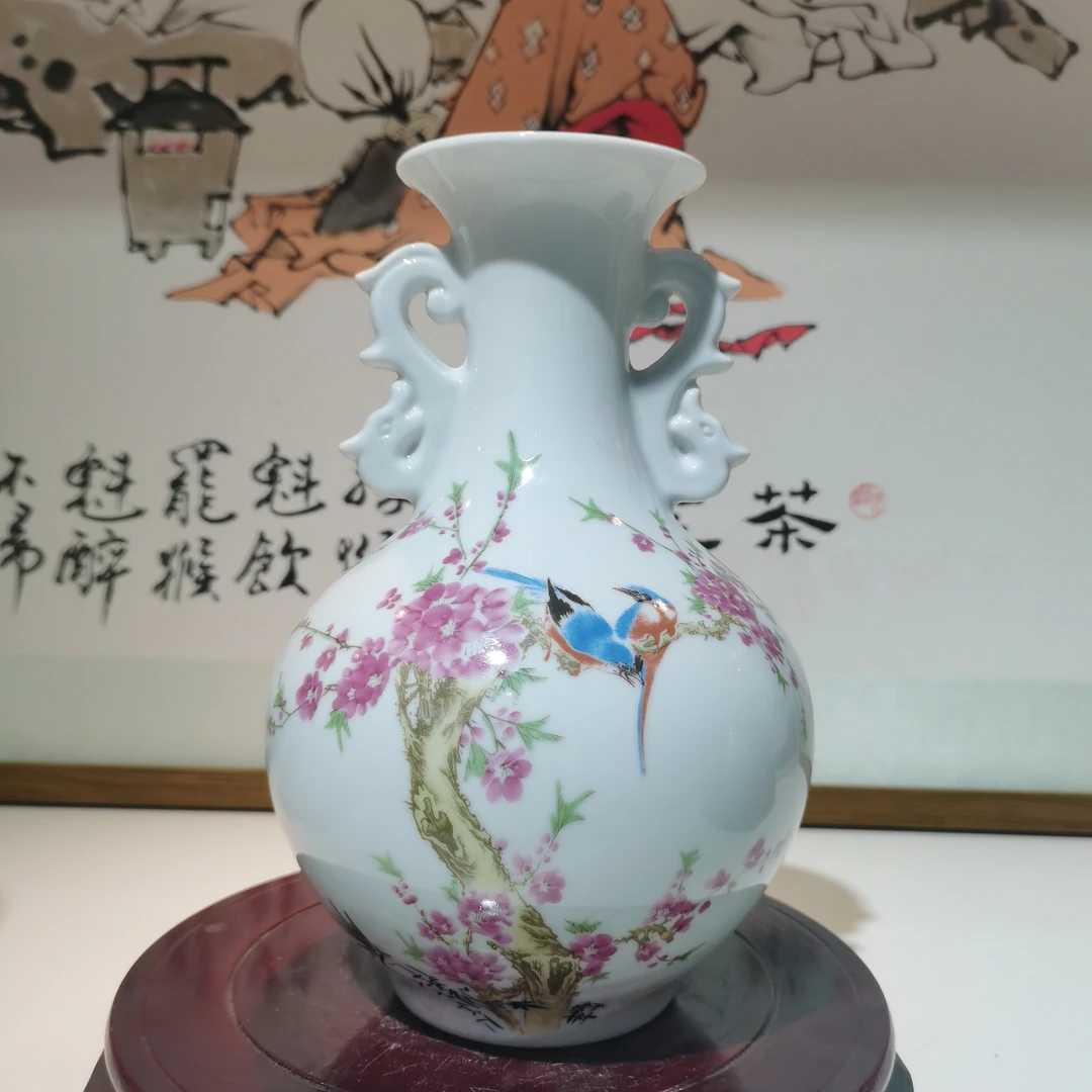 景德镇陶瓷花瓶水点桃花双耳赏瓶