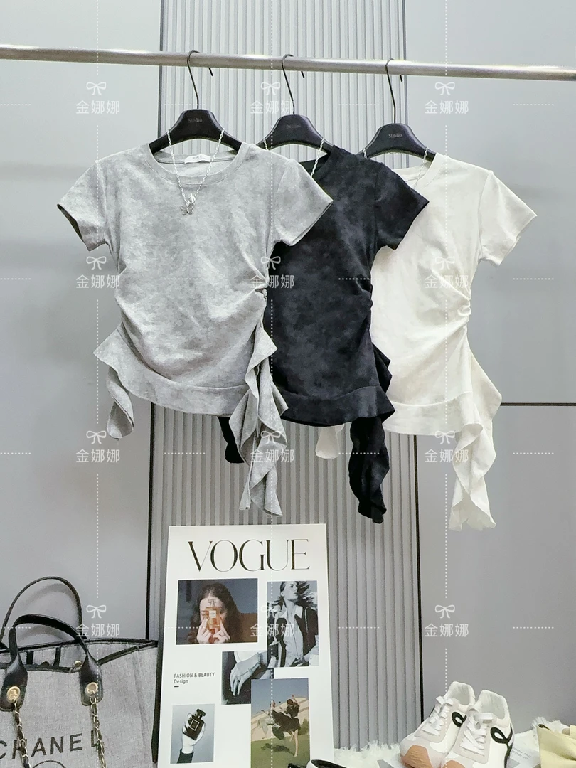 2025新美式辣妹短袖t恤女夏款圆领修身显瘦小衫不规则洋气上衣