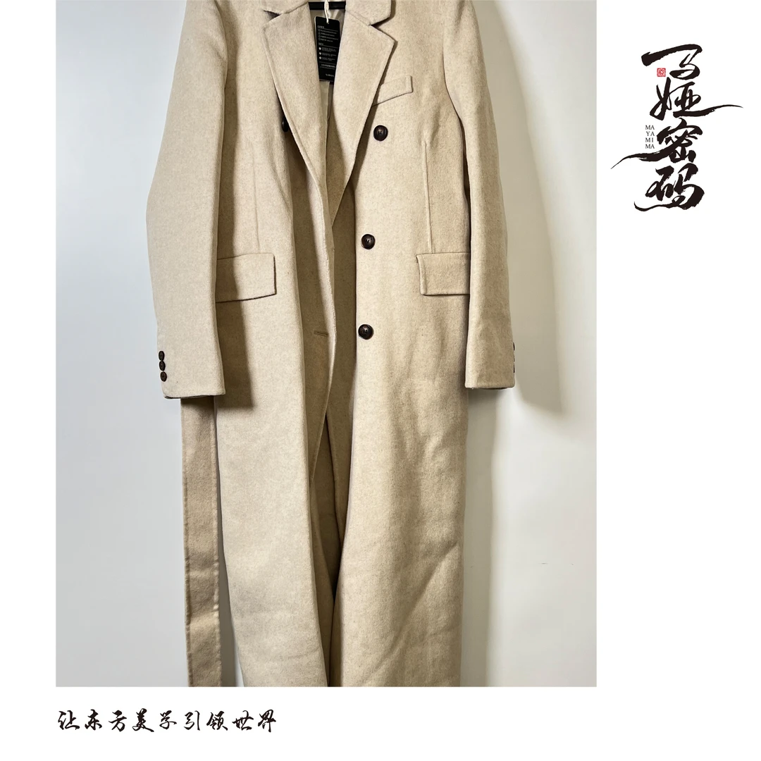 厚款毛呢外套白色正肩大衣双排扣西装领冬季卡其中长款秋冬时尚