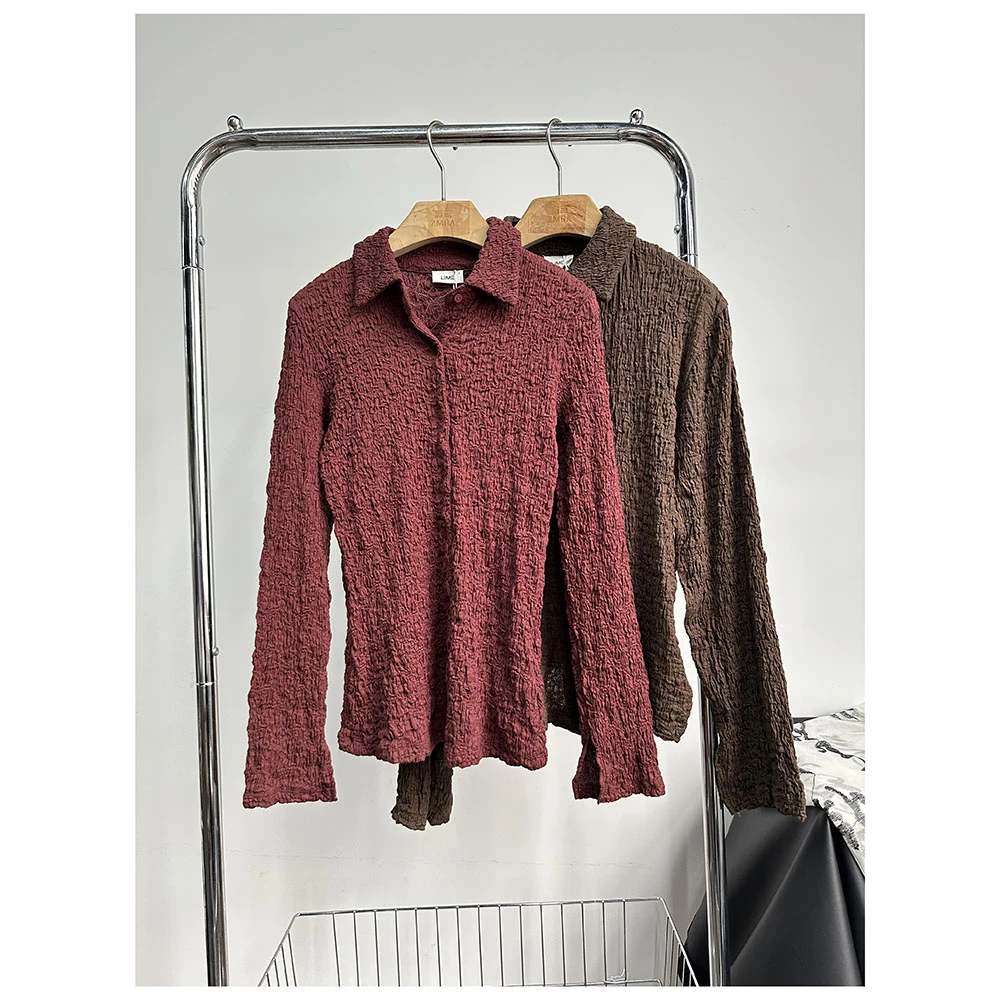 C107  秋季新款女士休闲修身高弹翻领长袖衬衫女