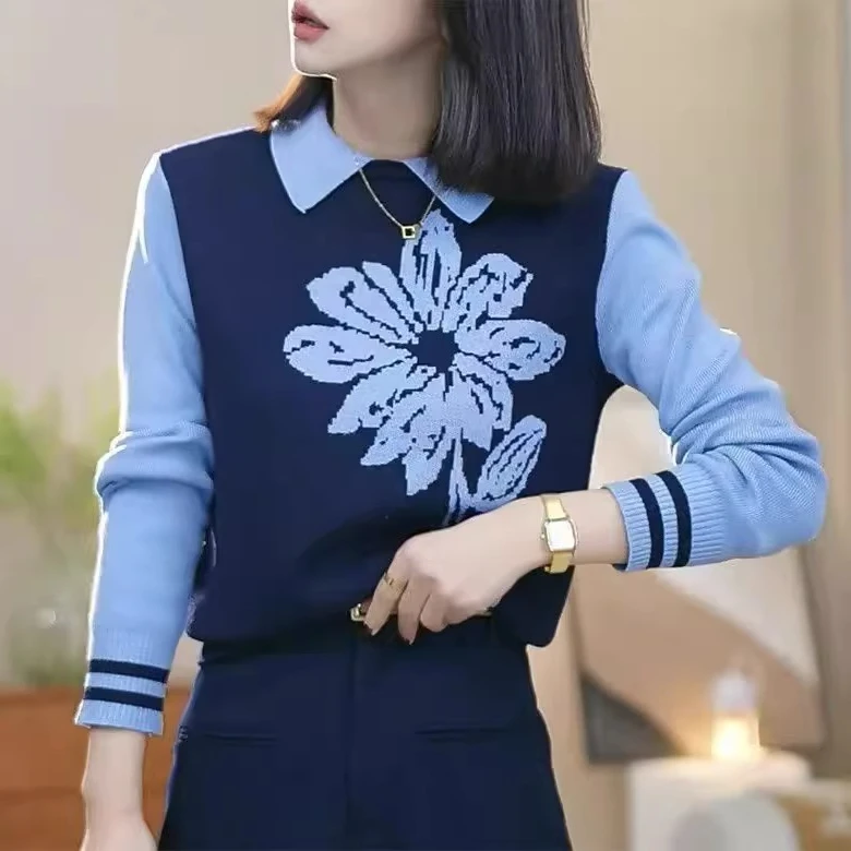 撞色假两件翻领秋冬新款针织衫女时尚韩系穿搭洋气提花设计感上衣
