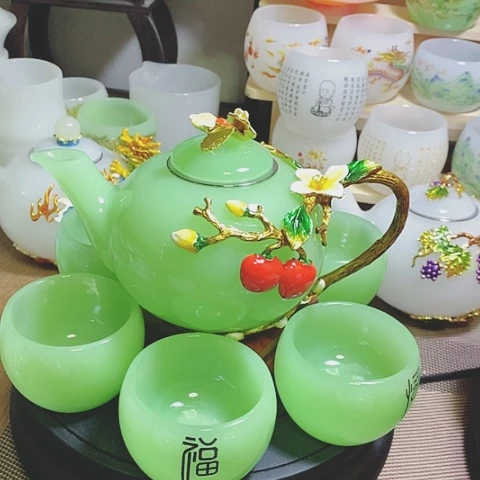 羊脂玉瓷琉璃中式珐琅彩事事如意一壶六杯礼盒套装