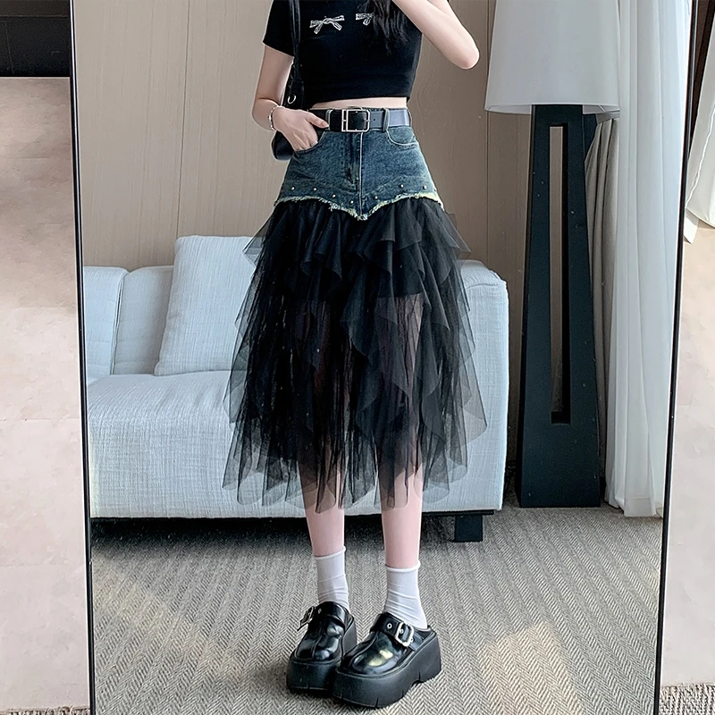 时尚网纱拼接牛仔半身裙女夏季韩版高腰显瘦百搭a字长裙蛋糕裙子