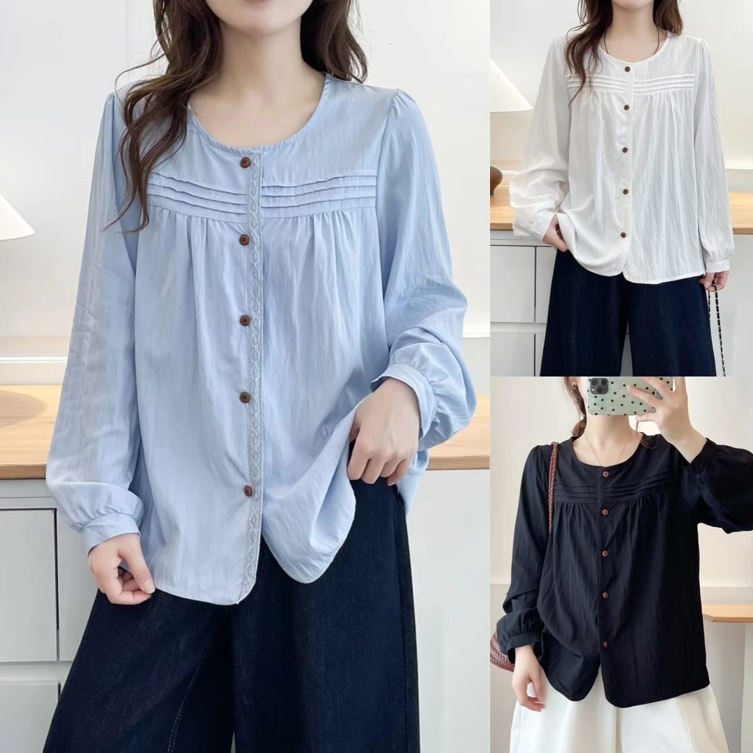 法式休闲百搭微胖MM花边圆领拼接大码女装衬衫衬衣薄款打底上衣