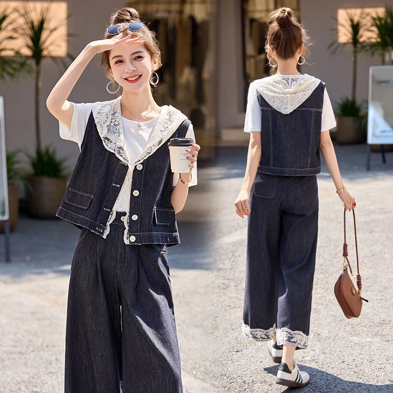 复古蕾丝拼接牛仔套装2025新款女开夏季气质韩系穿搭阔腿裤一整套
