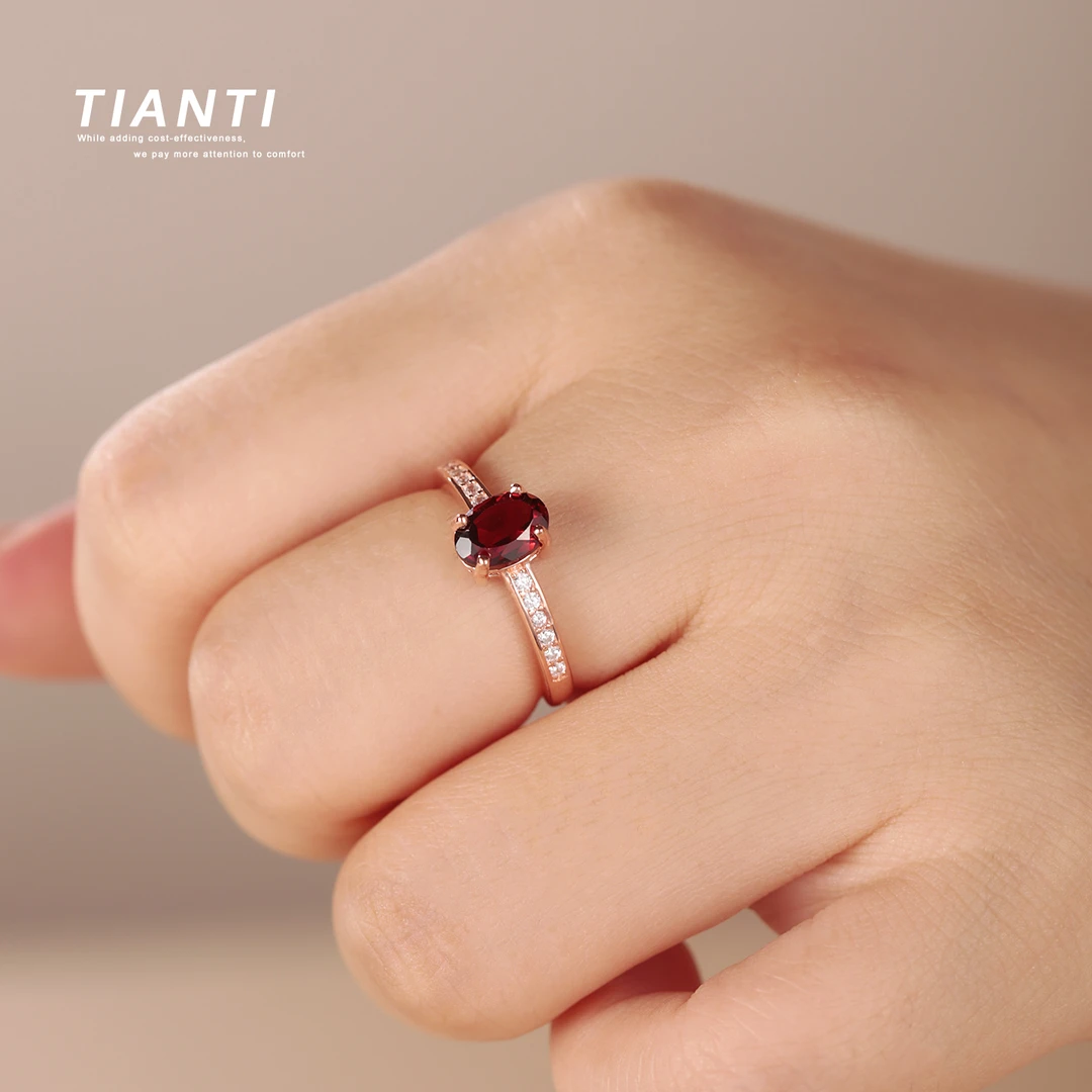 TIANTI/天缇【子矜】5X7 天然石榴石戒指S925银镀玫瑰金色微镶轻奢