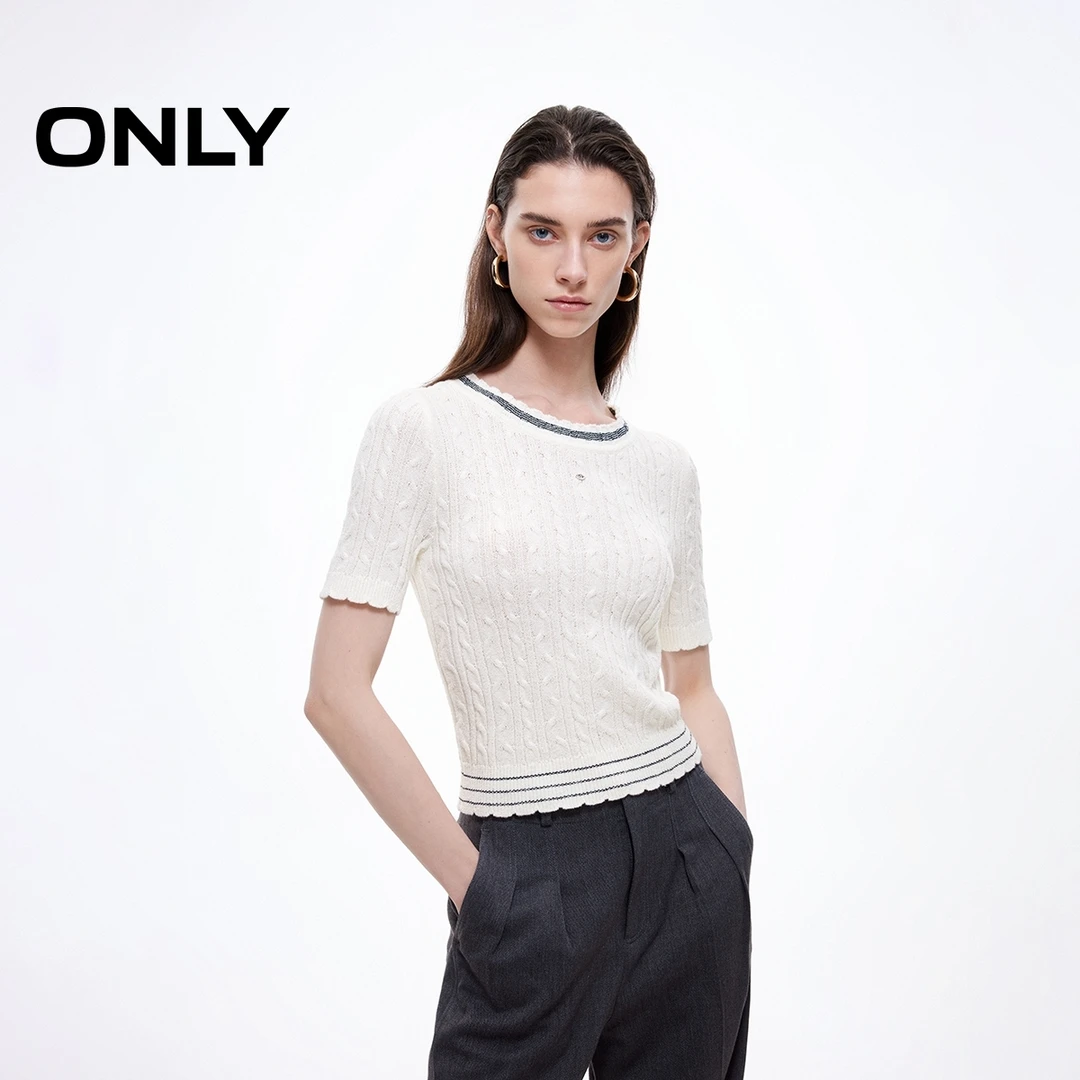 ONLY2025春季新款温柔甜美圆领撞色正肩短款针织衫女|125145003