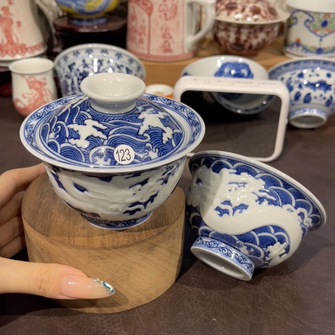 摆件竹*青123青花浮雕龙两件套sl103101