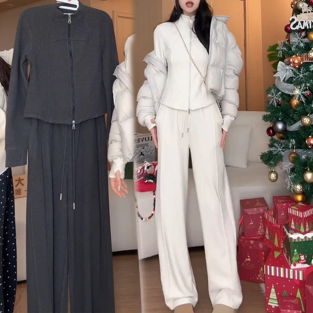 2025秋冬新款设计感洋气加厚立领卫衣上衣女时尚阔腿裤保暖两件套