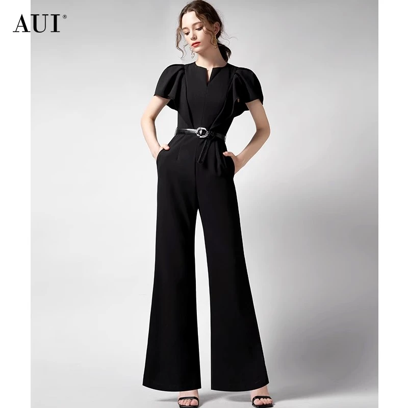 【4541】AUI黑色职业连衣长裤气质高腰修身连体裤OL-24W074541