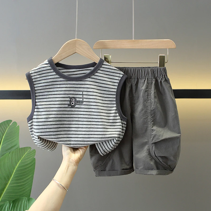 男童夏装背心套装儿童夏季新款无袖衣服宝宝夏季韩系条纹坎肩纯棉