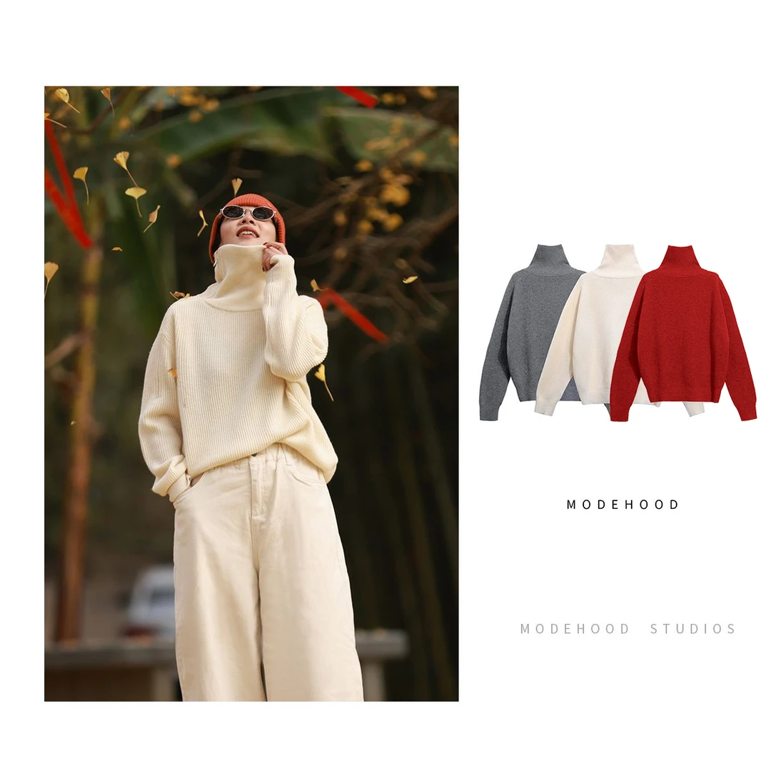 MODEHOOD伊凡【侧拉链】100%纯羊毛高领半拉链毛衣外穿新年针织衫