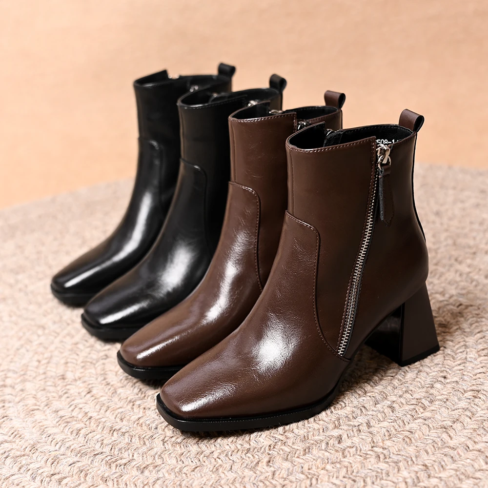 英伦风方头粗跟双拉链短靴女秋冬新款舒适百搭时装靴短筒瘦瘦靴