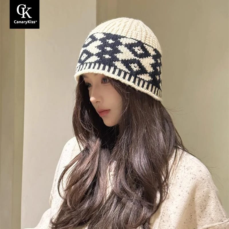 CanaryKiss针织毛线帽女秋冬菱形图案拼接百搭保暖冷帽时尚堆堆帽