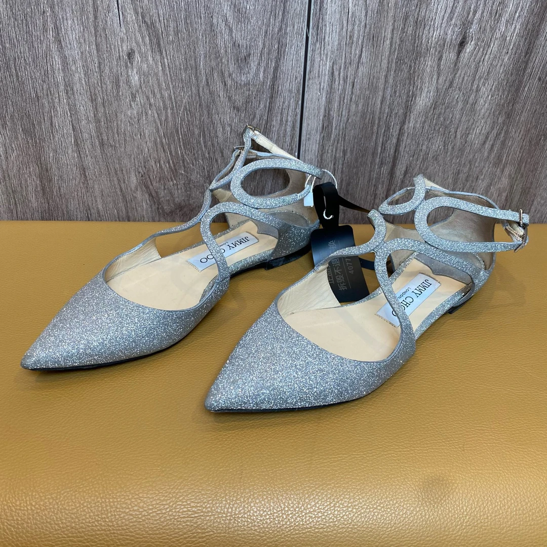 95新 JIMMY CHOO/吉米周 Jimmy Choo银色细闪平底凉鞋/36码/40777