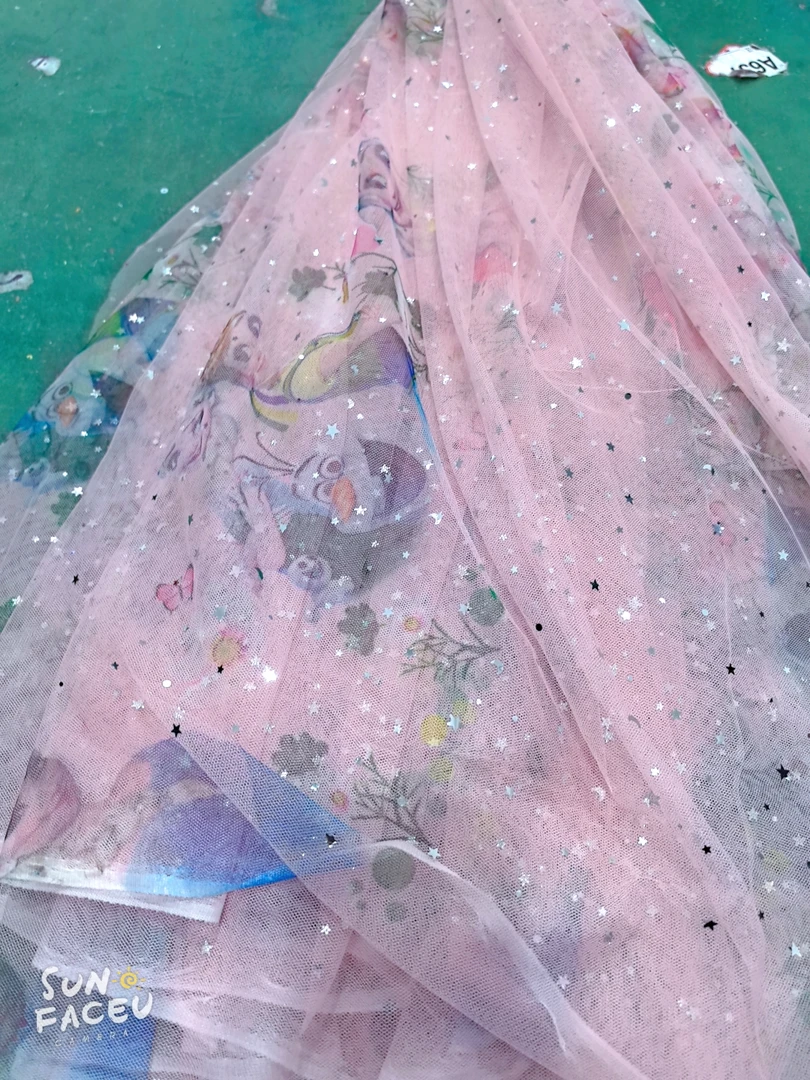 粉色亮片卡通爱纱公主网纱布料可做衣服连衣裙宽1.6米长4米