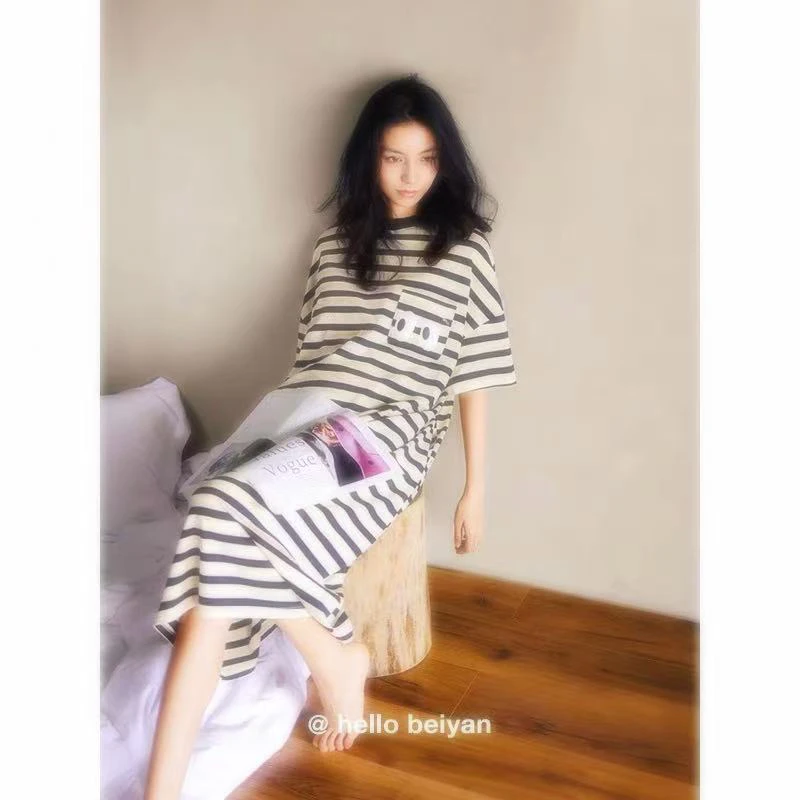 72-夏季休闲大眼怪条纹不带胸垫T恤裙