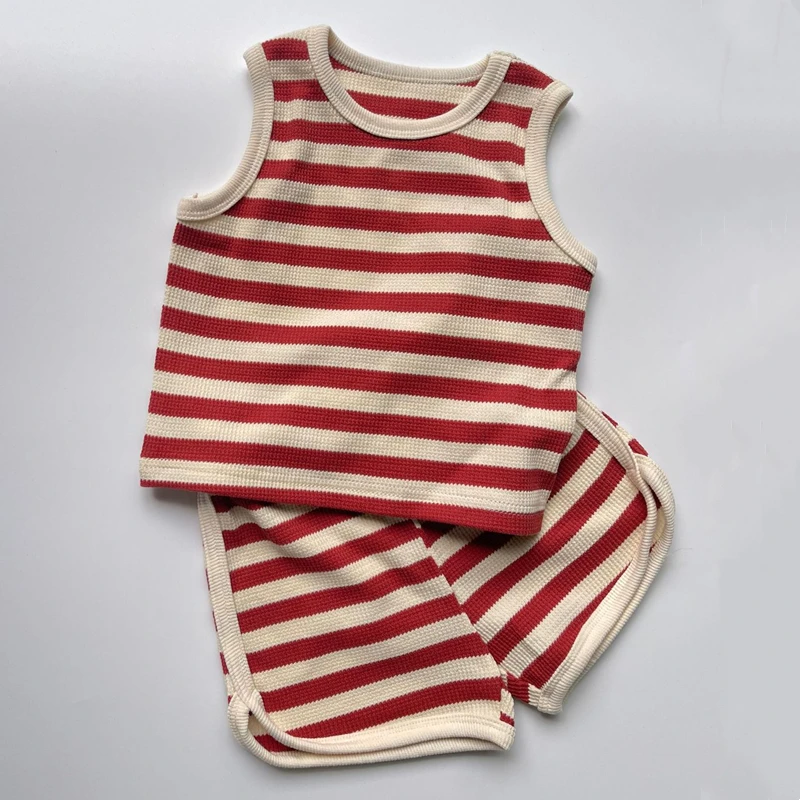 婴儿衣服夏季条纹背心短袖套装分体5六7八9十个月1岁男女宝宝夏装