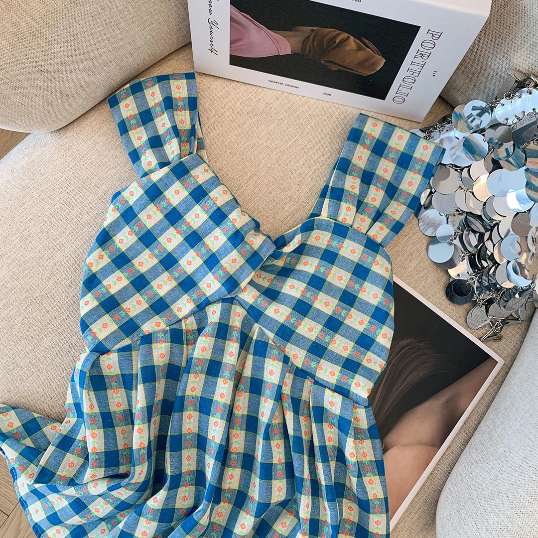 法式复古蓝色格子扭结无袖吊带背心女夏季别致百搭减龄上衣