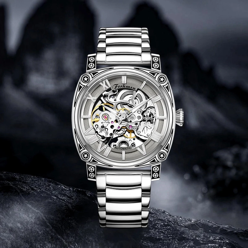 理查德瑞士注册法赫曼雕花镂空机械男士手表F8200-1