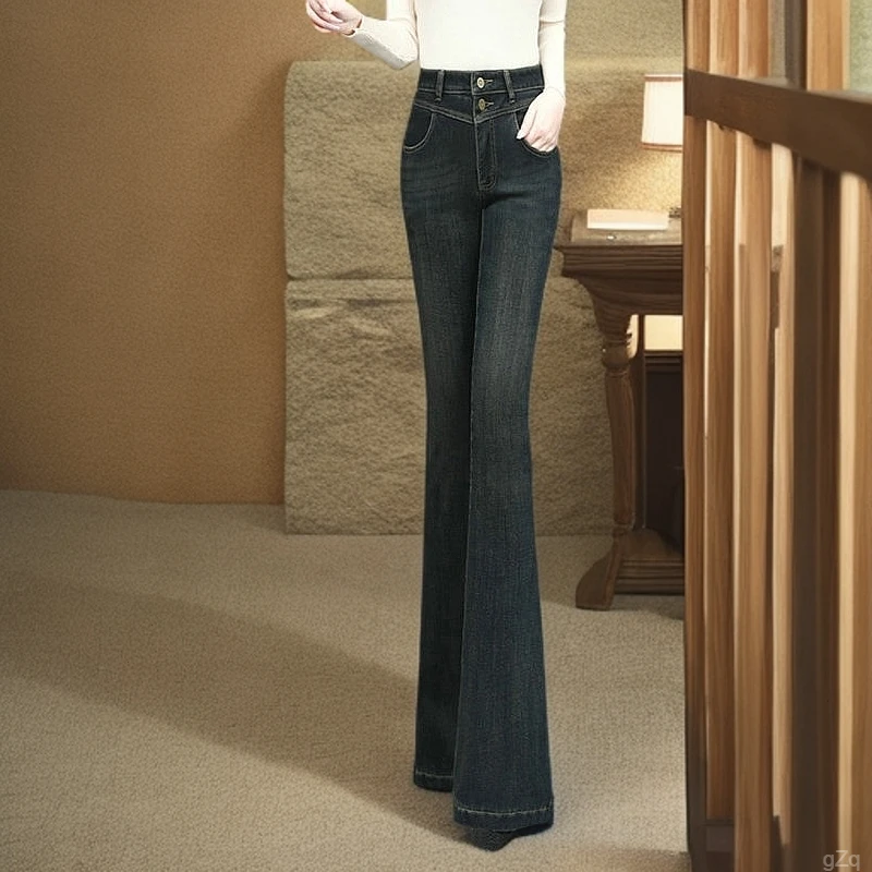 高腰显瘦牛仔裤弹力裤子春夏秋冬微喇加绒5新款复古季202喇叭裤女