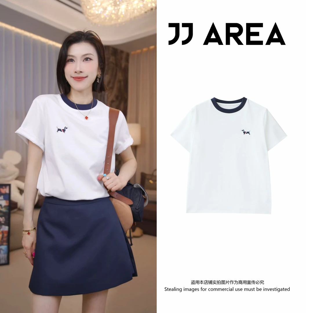 【JJ AREA】娇娇“拼色小狗T”设计感韩系百搭刺绣T恤正肩纯棉短袖