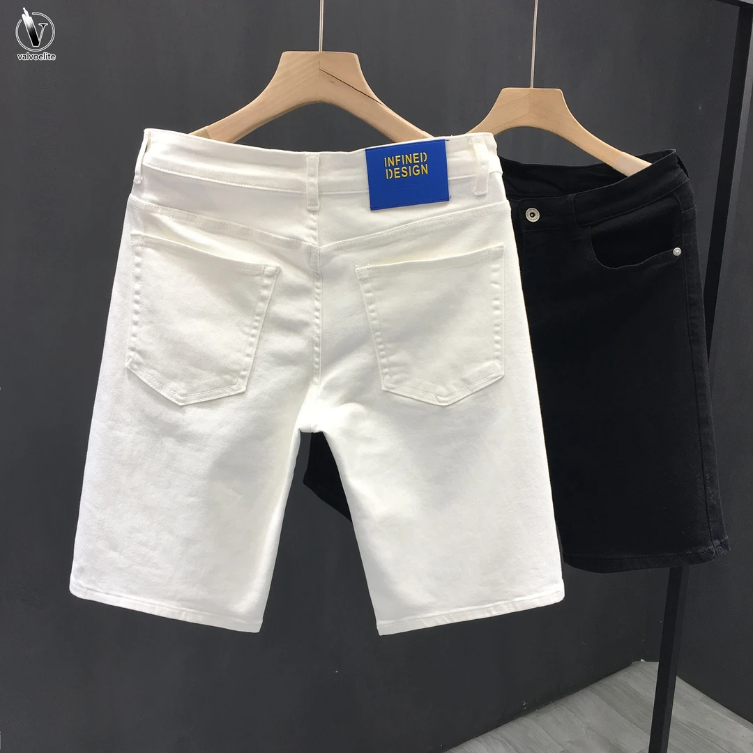 VALVOELITE修身牛仔短裤男夏季薄款纯白色五分牛仔户外弹力牛仔裤
