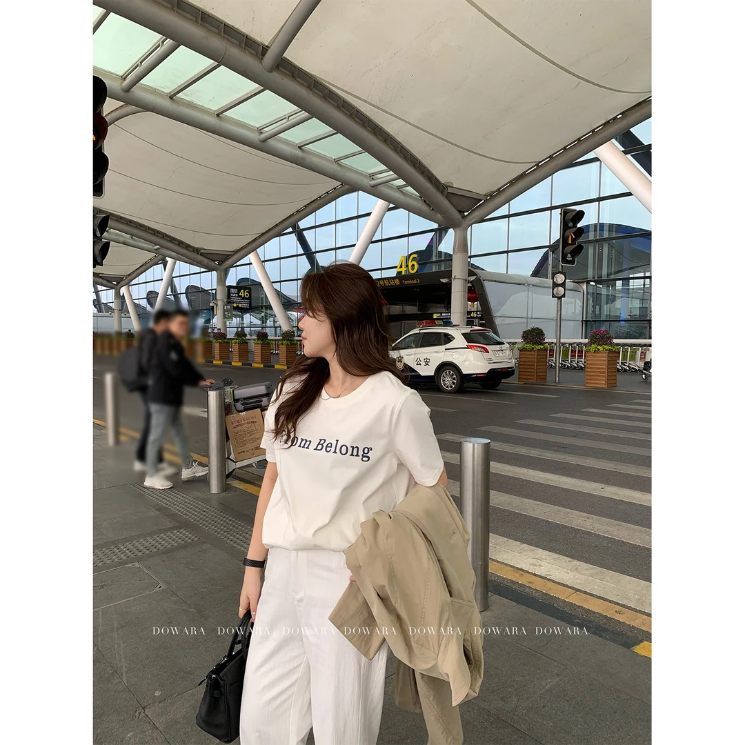 现货大婉酱微胖定制韩系字母短袖T恤女春季宽松显瘦百搭上衣6545D