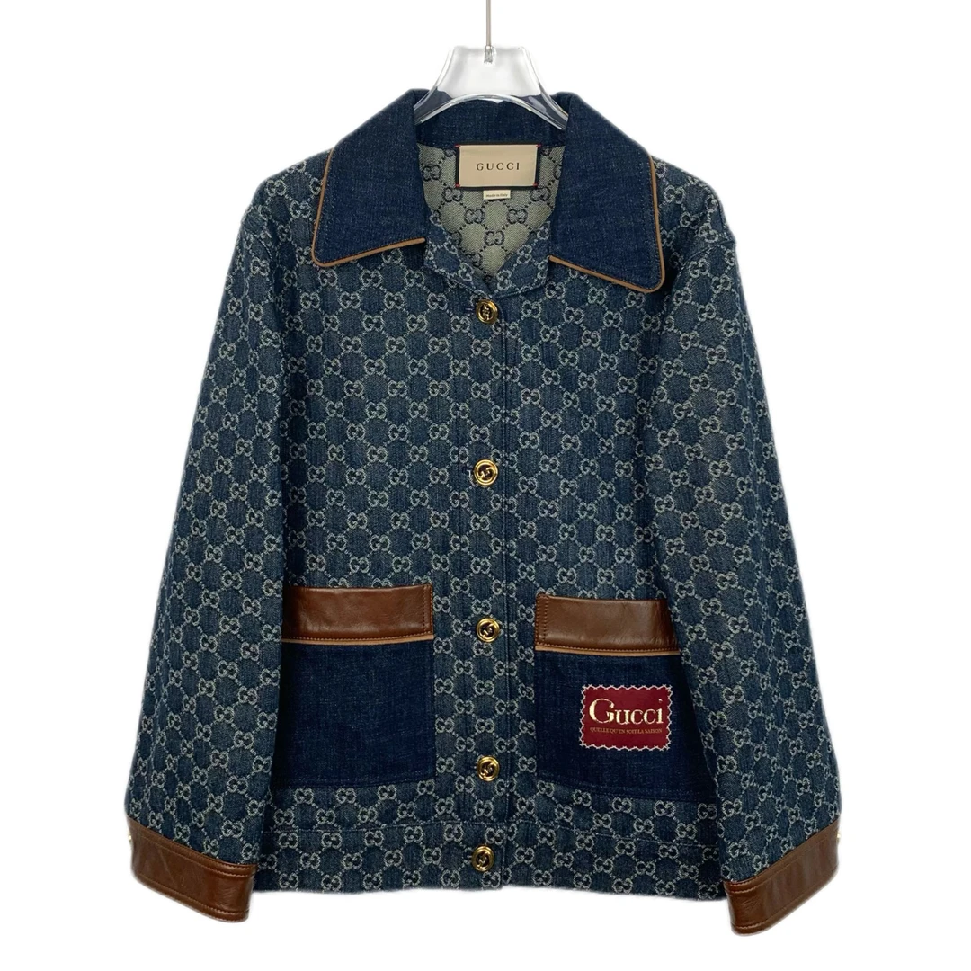 H12183 Gucci 古驰 深蓝色logo提花满印棉质翻领长袖外套 36