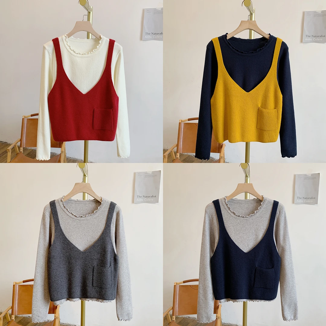 休息日C4975木耳边圆领针织衫V领马甲套装