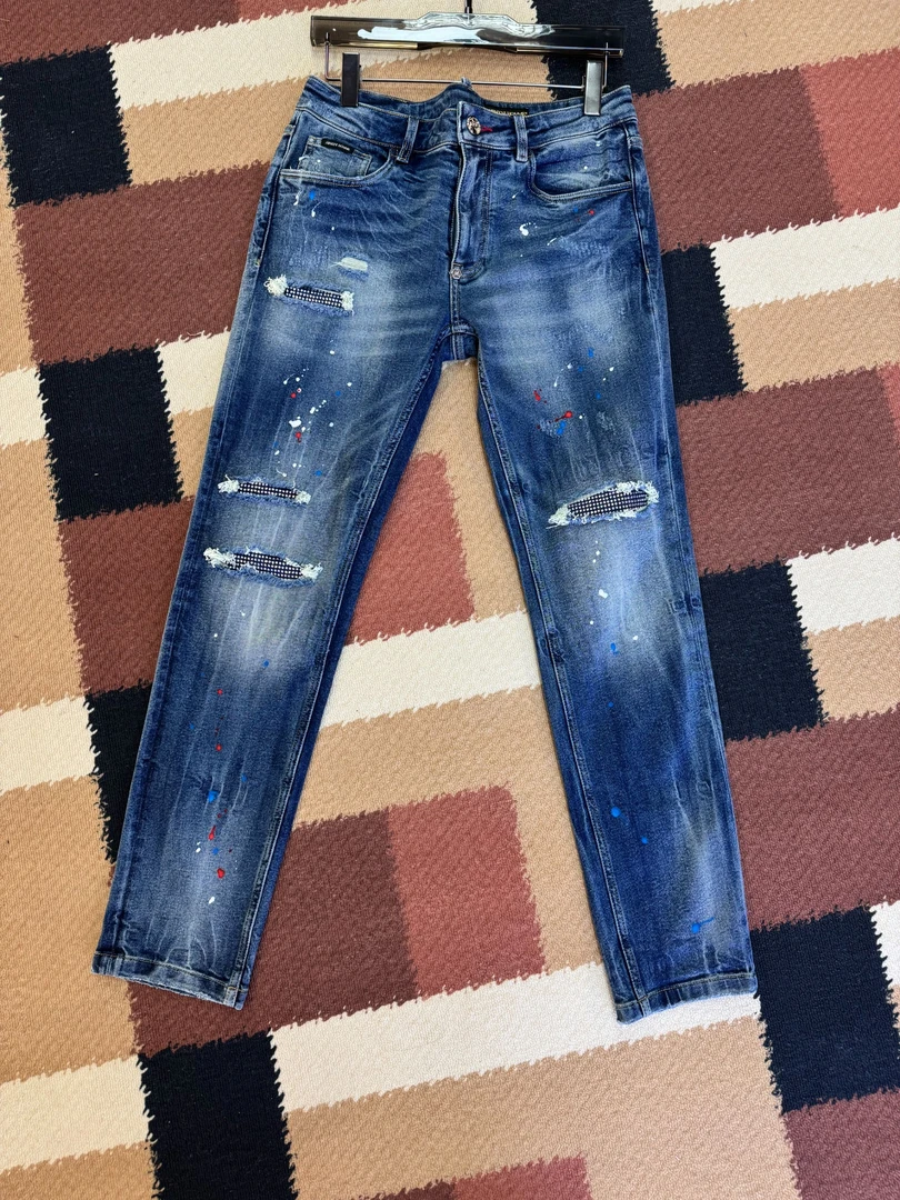 妮妮家高端男士烫钻泼墨重工水洗修身小直筒牛仔裤男款001