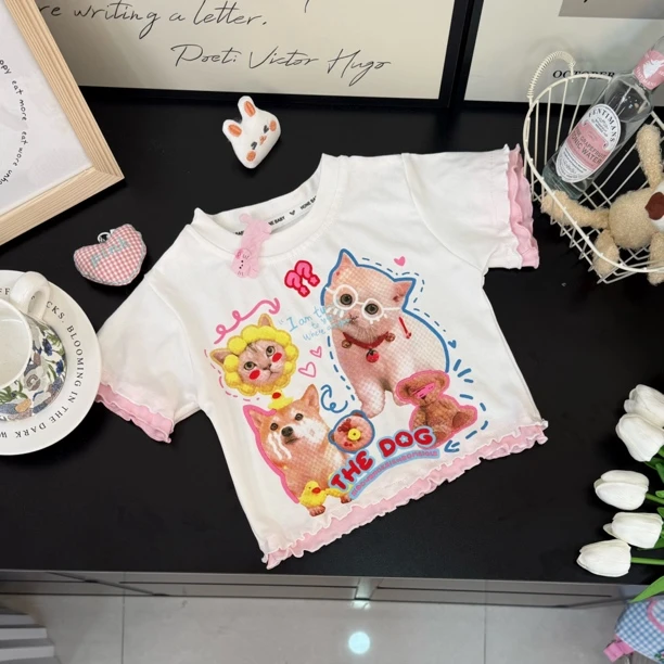 (亲子款)2025新女童短袖假两件印花T恤夏季儿童宝宝薄款卡通上衣