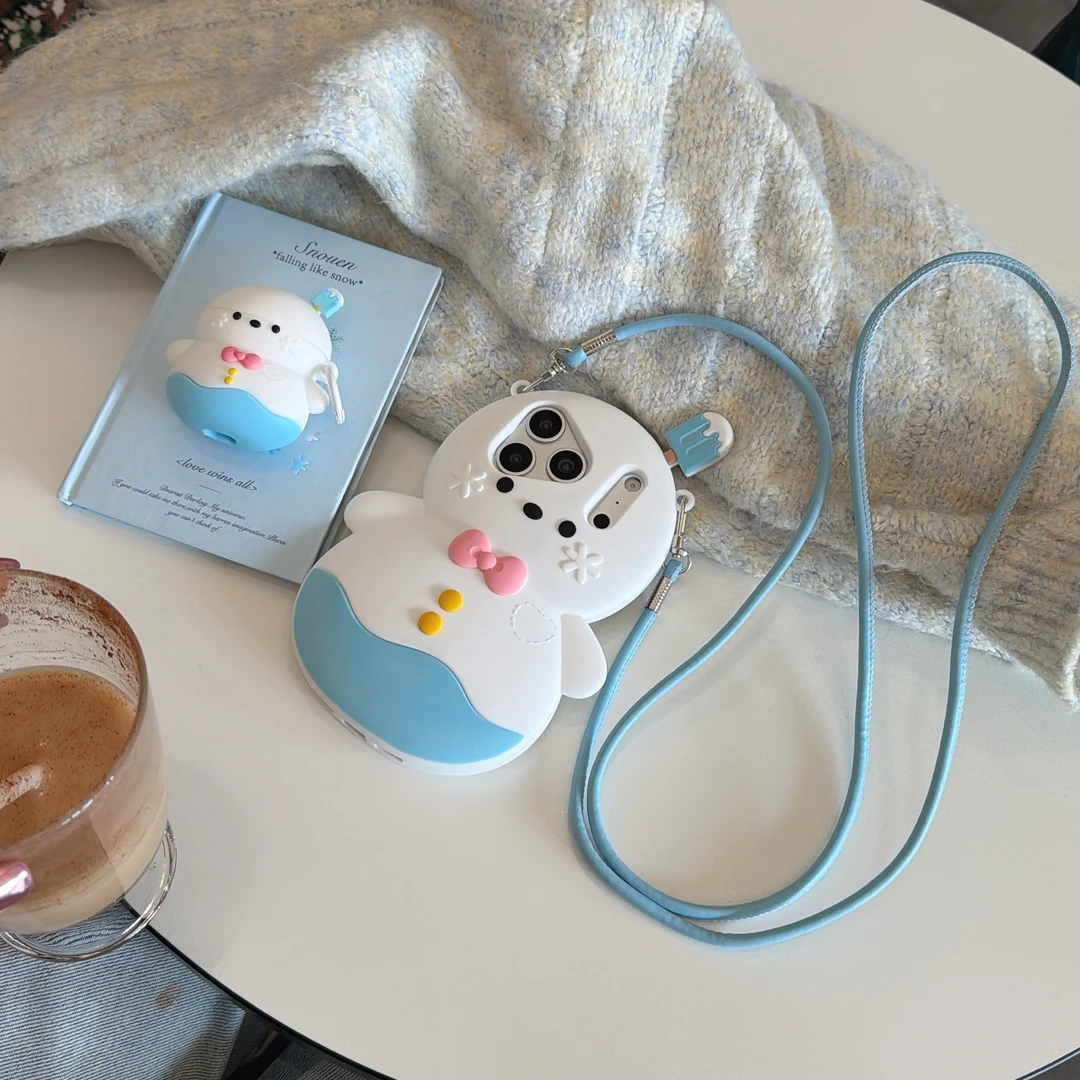 萌趣可爱雪人冰淇淋适用iphone17斜跨立体硅胶手机壳苹果16防摔15