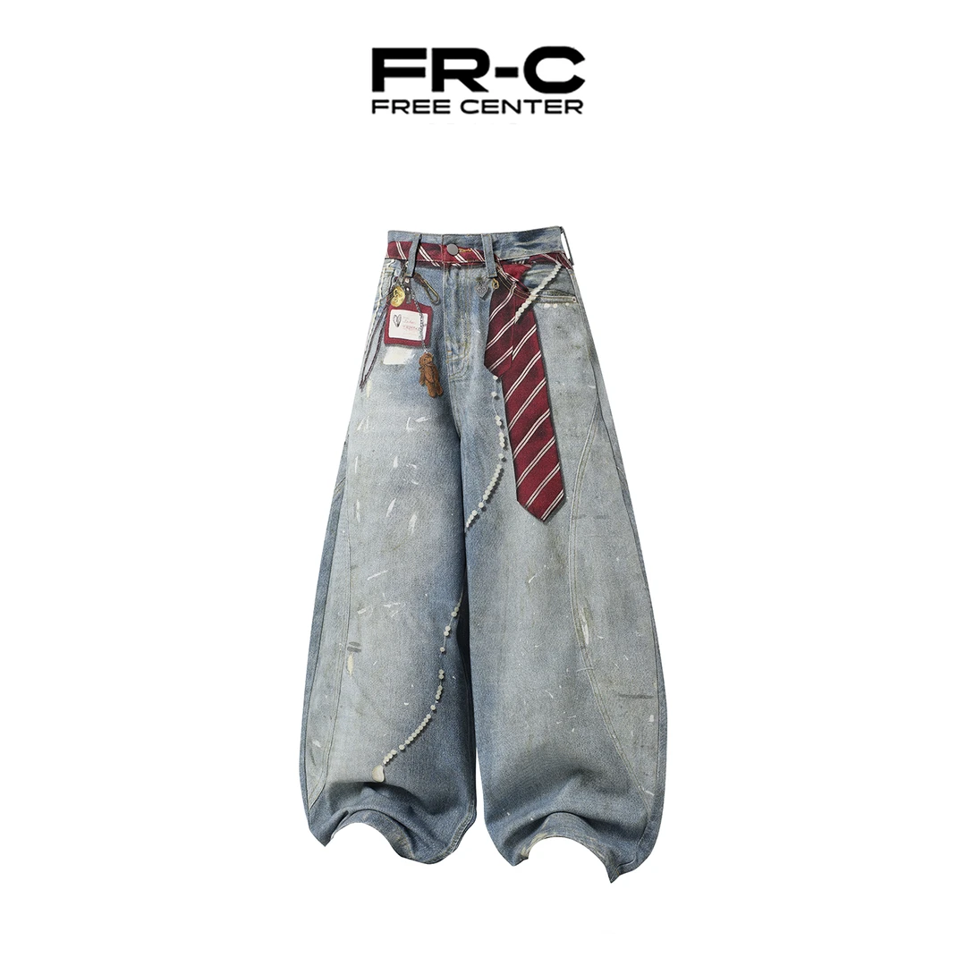 ['双11好物']Free Center美式复古弯刀裤男女宽松领带牛仔阔腿裤