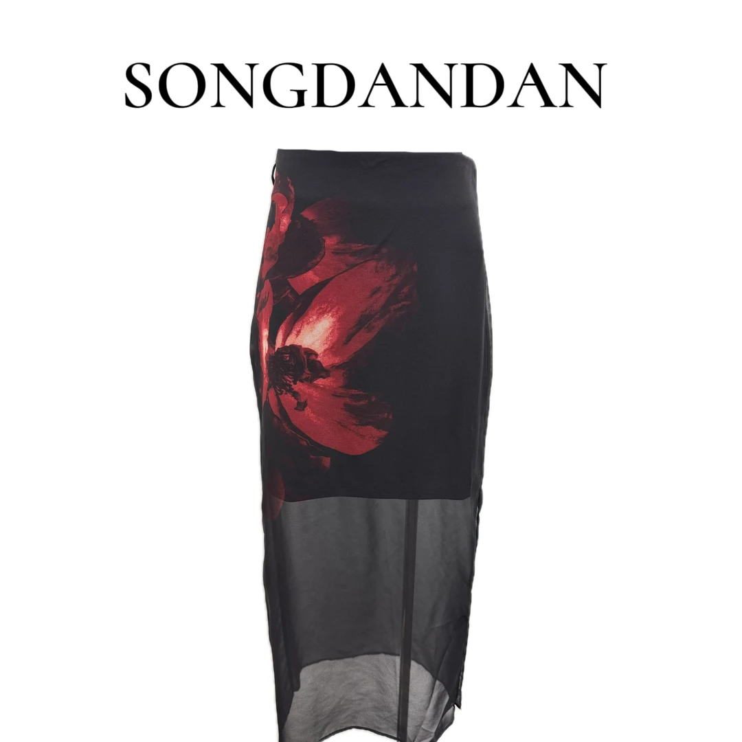 【DDS】时尚轻奢气质拼纱虚伪包臀花朵半裙