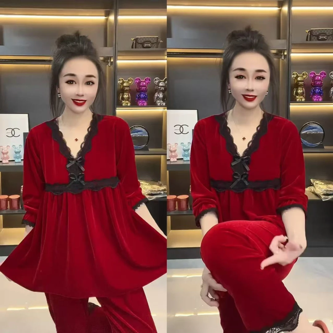 2025新年春季新款加厚丝绒家居服睡衣套装可外穿遮肉显瘦保暖洋气