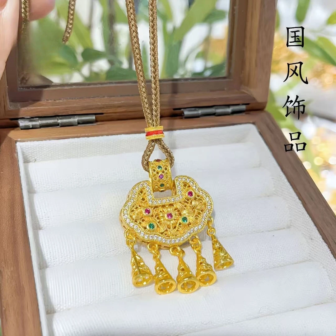 铜合金吊坠 【精工版】花丝同心锁吊坠新中式毛衣链复古百搭项链