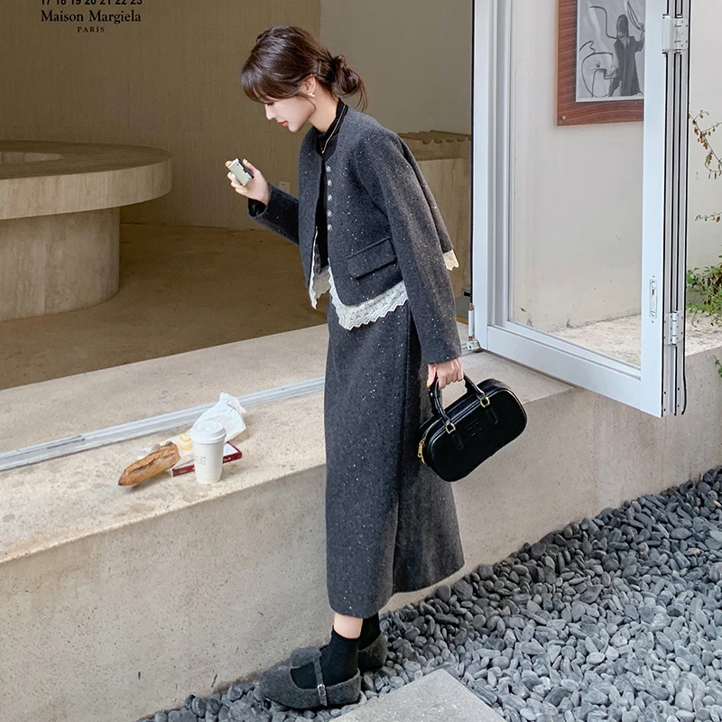 法式蕾丝拼接灰色毛呢套装裙女秋冬高级感盐系轻熟风两件套爆款潮